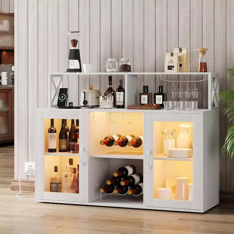 Mobile Bar Autoportante con Luce a LED, Prese di Corrente, Portabottiglie e Portabicchieri