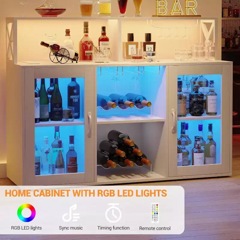 Mobile Bar Autoportante con Luce a LED, Prese di Corrente, Portabottiglie e Portabicchieri