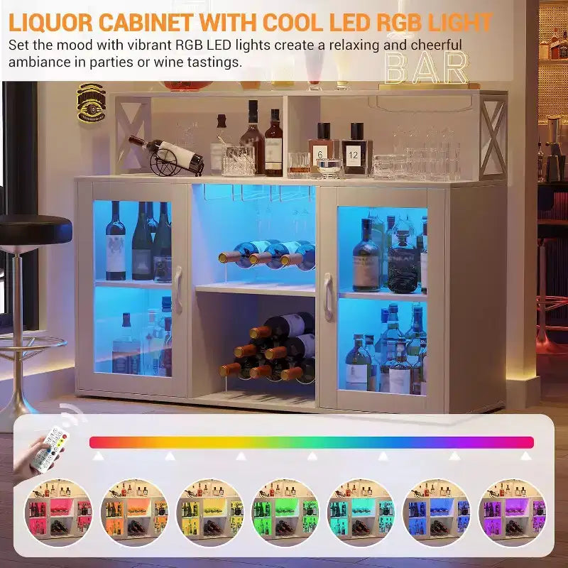 Mobile Bar Autoportante con Luce a LED, Prese di Corrente, Portabottiglie e Portabicchieri