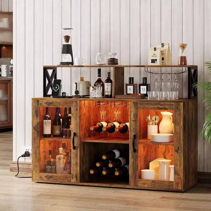 Mobile Bar Autoportante con Luce a LED, Prese di Corrente, Portabottiglie e Portabicchieri