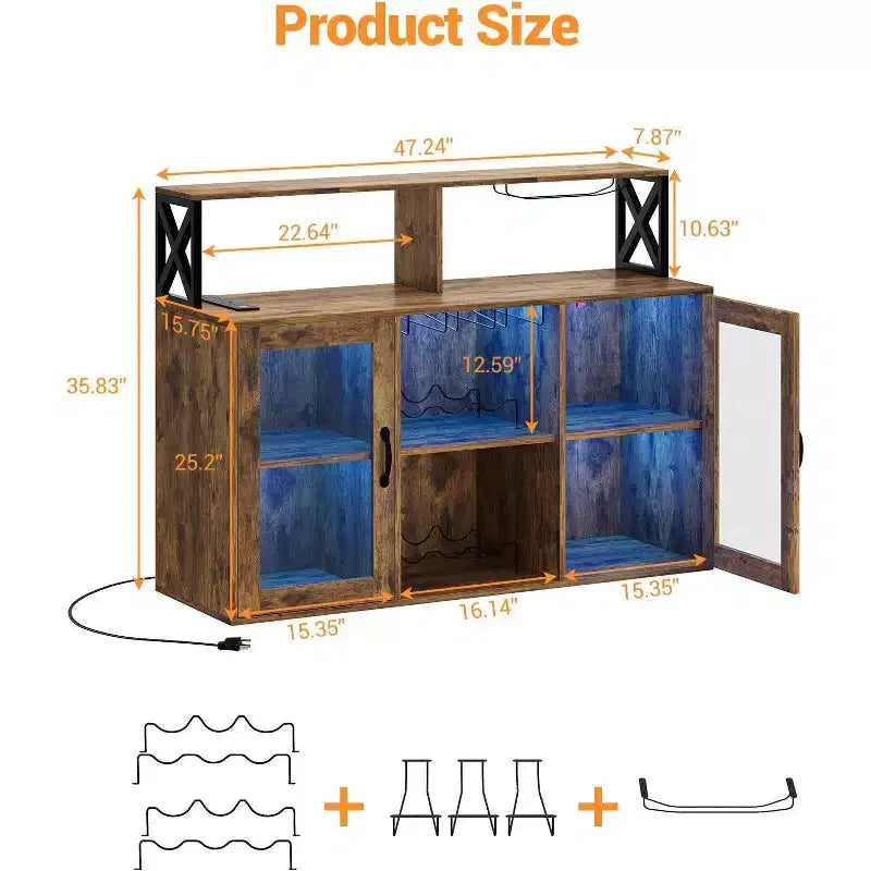 Mobile Bar Autoportante con Luce a LED, Prese di Corrente, Portabottiglie e Portabicchieri