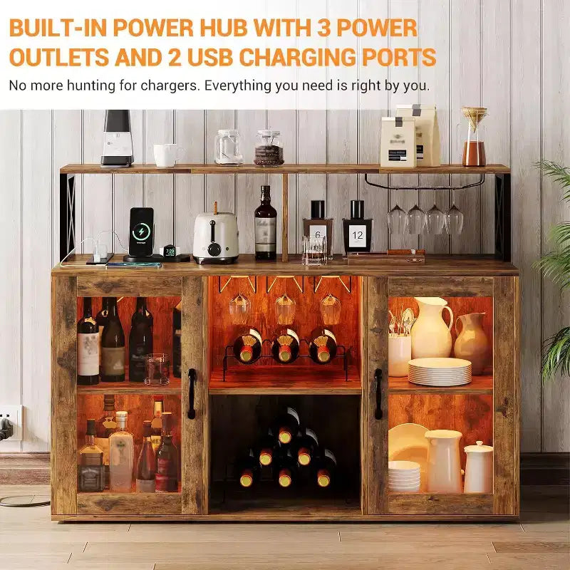 Mobile Bar Autoportante con Luce a LED, Prese di Corrente, Portabottiglie e Portabicchieri