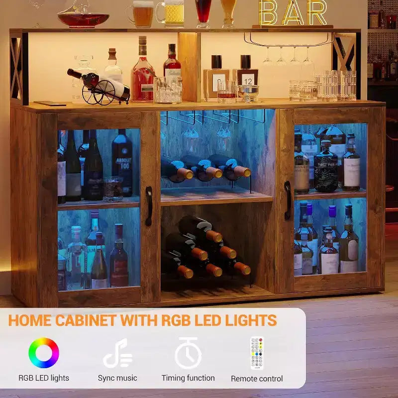 Mobile Bar Autoportante con Luce a LED, Prese di Corrente, Portabottiglie e Portabicchieri