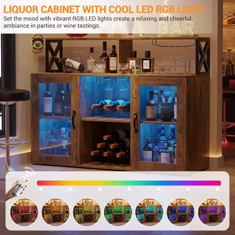 Mobile Bar Autoportante con Luce a LED, Prese di Corrente, Portabottiglie e Portabicchieri