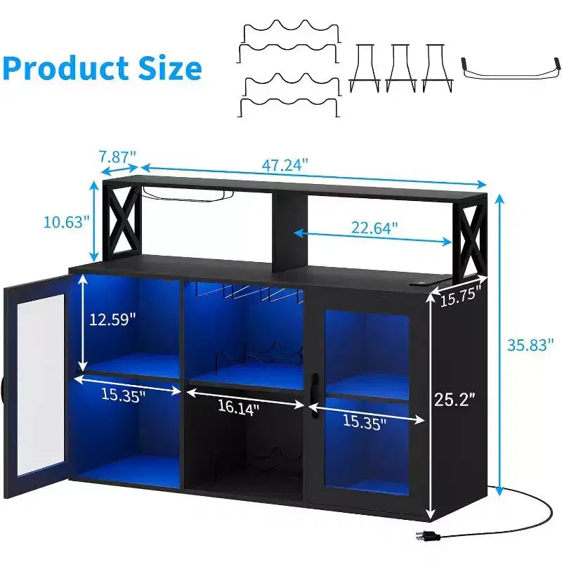Mobile Bar Autoportante con Luce a LED, Prese di Corrente, Portabottiglie e Portabicchieri