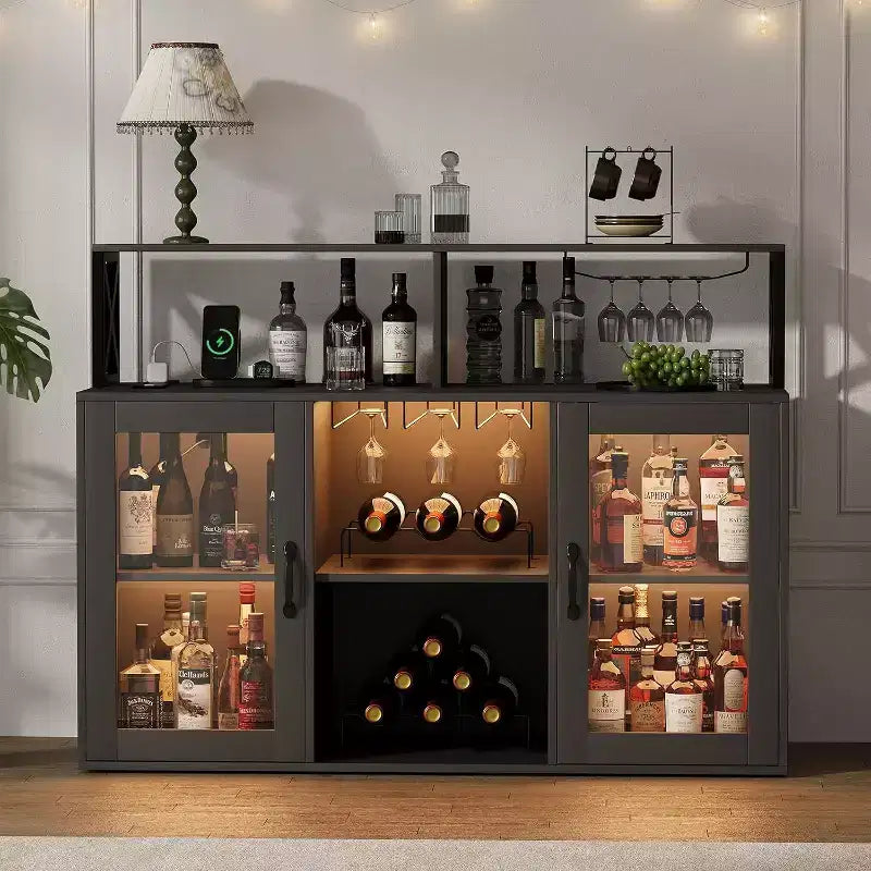 Mobile Bar Autoportante con Luce a LED, Prese di Corrente, Portabottiglie e Portabicchieri