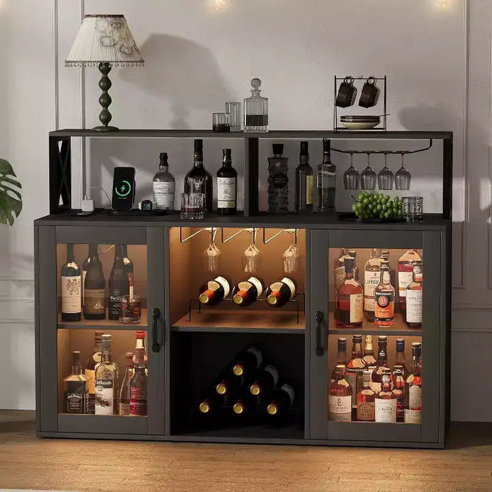 Mobile Bar Autoportante con Luce a LED, Prese di Corrente, Portabottiglie e Portabicchieri