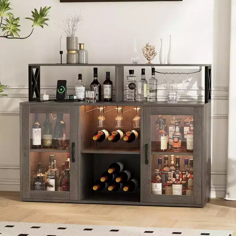 Mobile Bar Autoportante con Luce a LED, Prese di Corrente, Portabottiglie e Portabicchieri