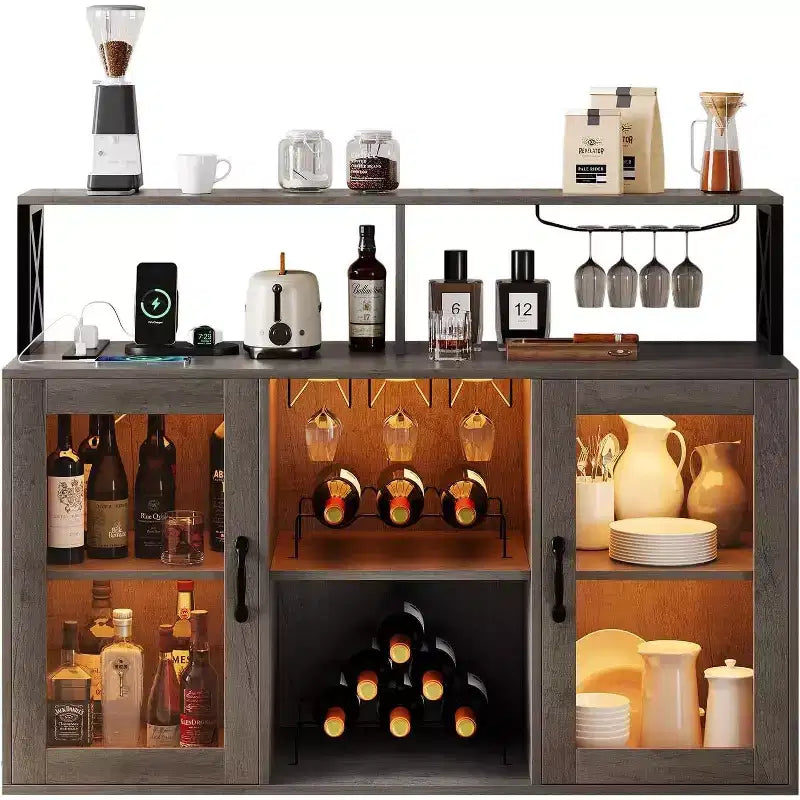 Mobile Bar Autoportante con Luce a LED, Prese di Corrente, Portabottiglie e Portabicchieri