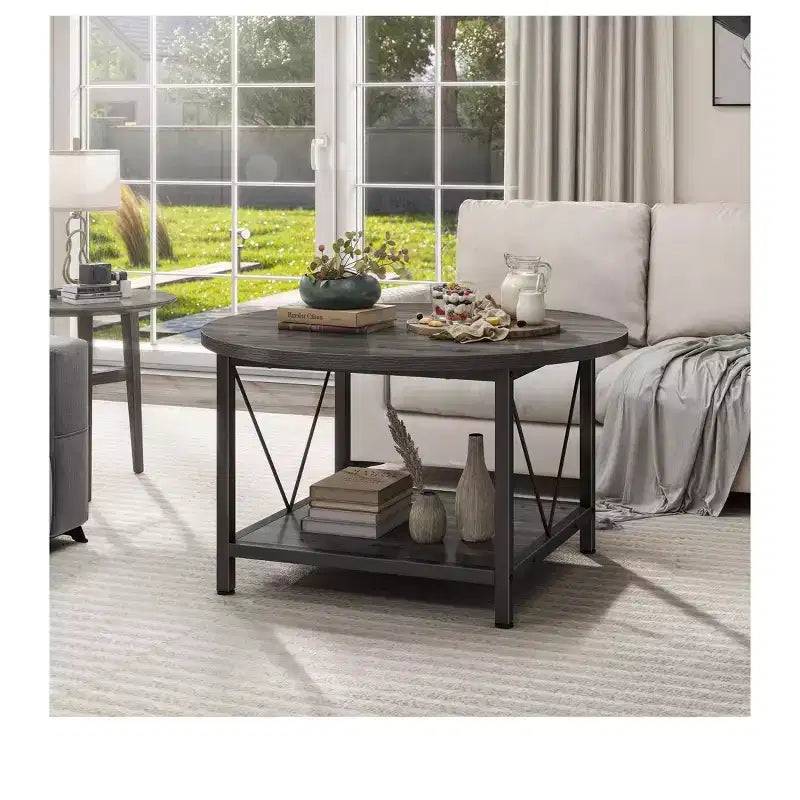 2-Tier Modern Round Coffee Table With Storage Open Shelf Wood Center Coffee For Home Office Living Room