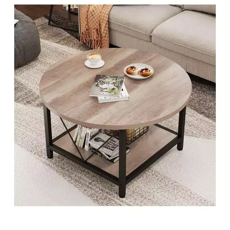 2-Tier Modern Round Coffee Table With Storage Open Shelf Wood Center Coffee For Home Office Living Room