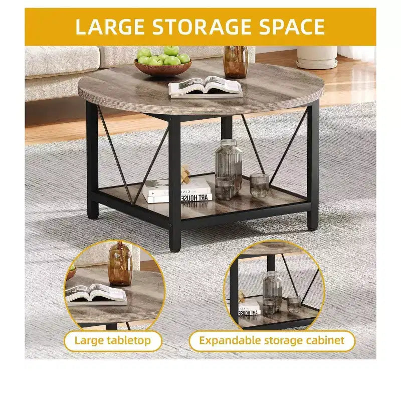 2-Tier Modern Round Coffee Table With Storage Open Shelf Wood Center Coffee For Home Office Living Room