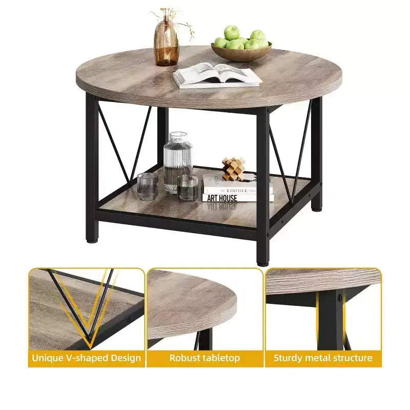 2-Tier Modern Round Coffee Table With Storage Open Shelf Wood Center Coffee For Home Office Living Room