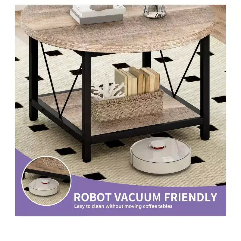 2-Tier Modern Round Coffee Table With Storage Open Shelf Wood Center Coffee For Home Office Living Room