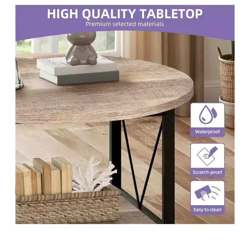2-Tier Modern Round Coffee Table With Storage Open Shelf Wood Center Coffee For Home Office Living Room