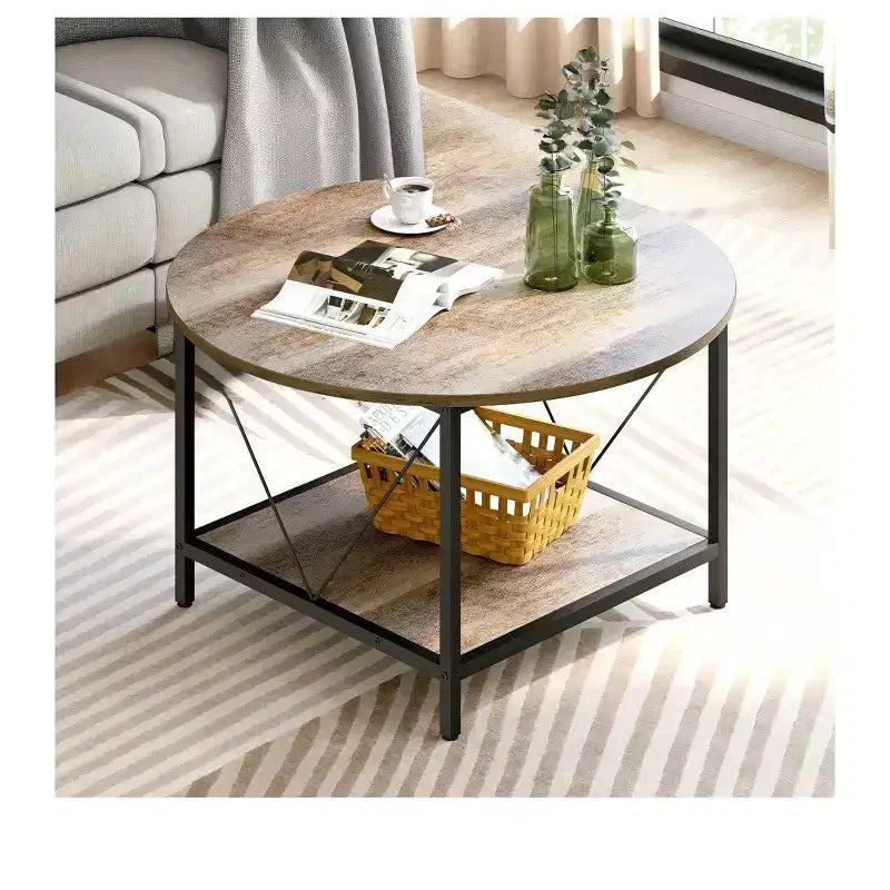 2-Tier Modern Round Coffee Table With Storage Open Shelf Wood Center Coffee For Home Office Living Room