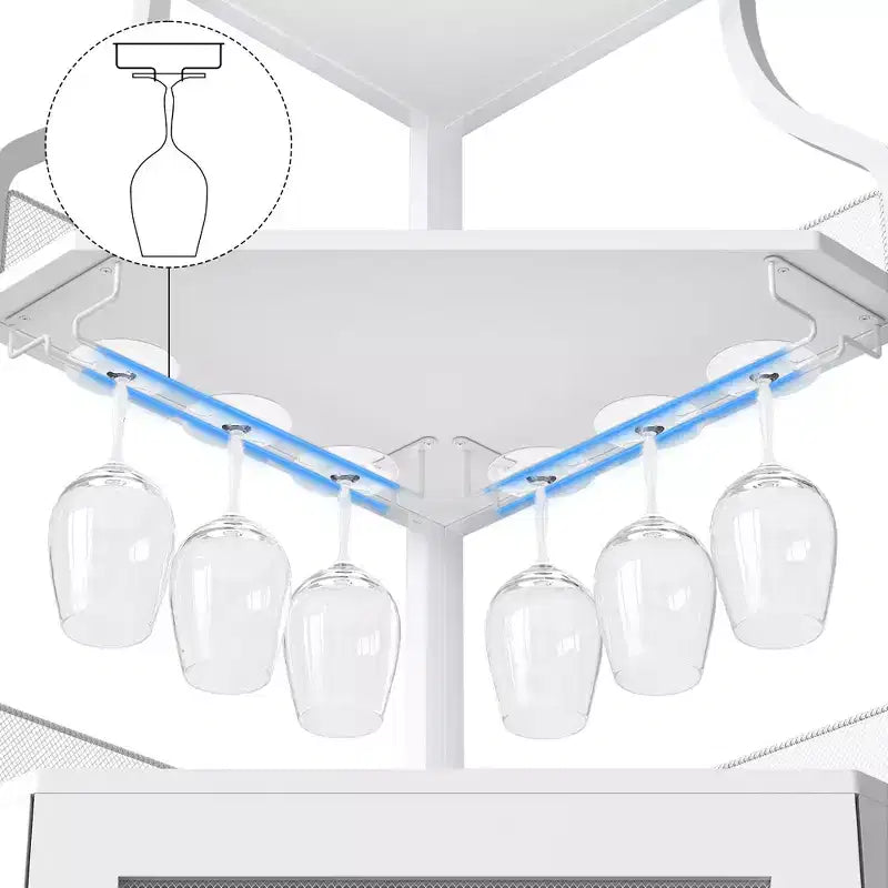 Mobile angolare portabottiglie bianco per piccoli spazi, capacità 50+ bottiglie e bicchieri