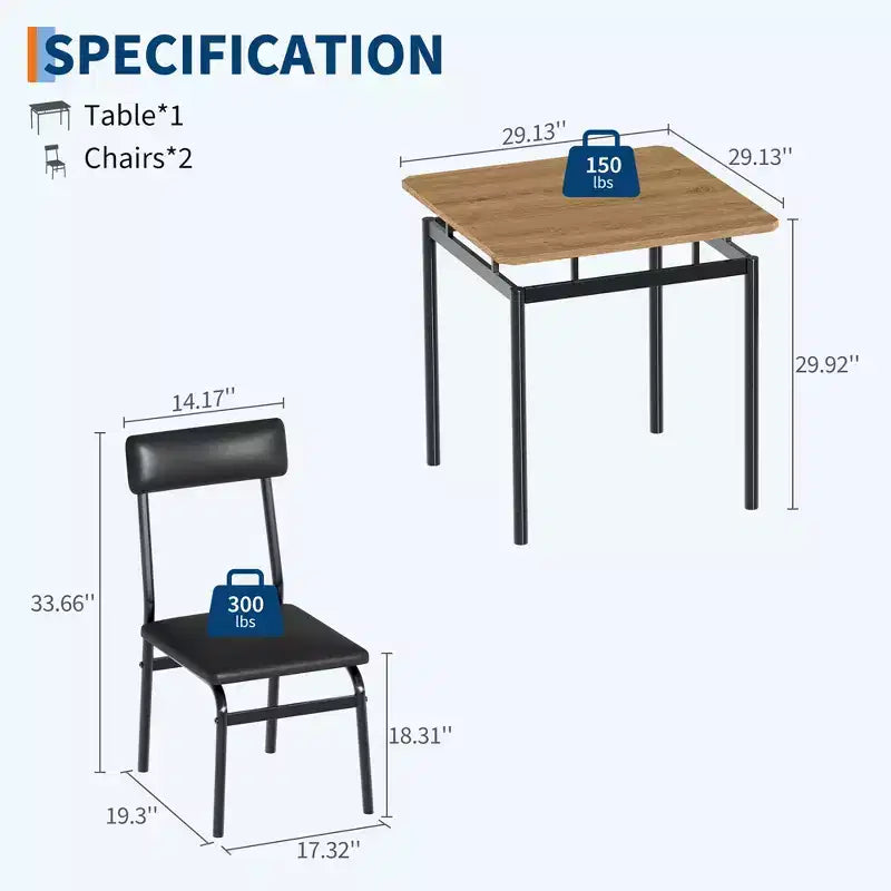 3 Piece Dining Room Table Set, Kitchen Table Set with Wooden Grain Kitchen Table & 2 PU Upholstered Metal Chairs for Small Space,Home Dinner