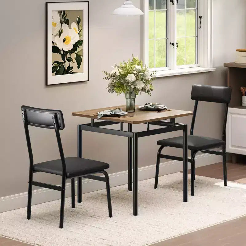 3 Piece Dining Room Table Set, Kitchen Table Set with Wooden Grain Kitchen Table & 2 PU Upholstered Metal Chairs for Small Space,Home Dinner
