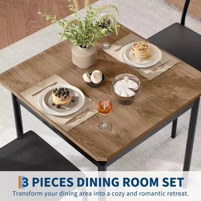3 Piece Dining Room Table Set, Kitchen Table Set with Wooden Grain Kitchen Table & 2 PU Upholstered Metal Chairs for Small Space,Home Dinner