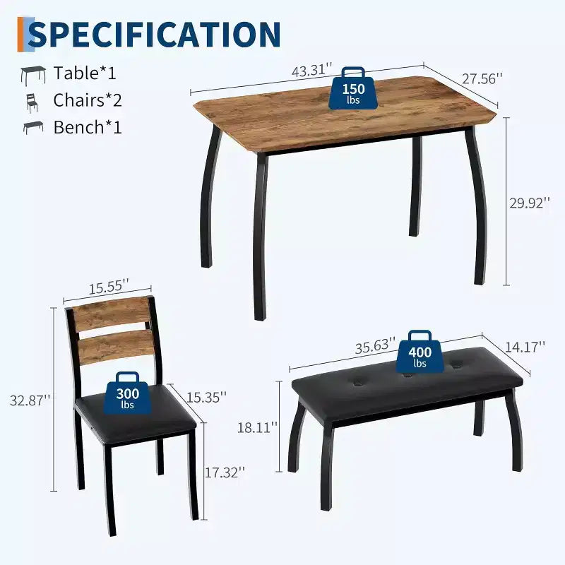 COZONY 5-Piece Dining Table Set with Wooden Table, Upholstered Bench and 2 Chairs, Space-Saving Dinette Set for Studio, Kitchen, Dining Room