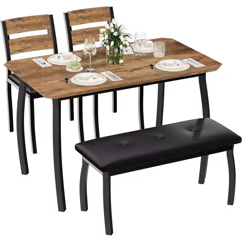 COZONY 5-Piece Dining Table Set with Wooden Table, Upholstered Bench and 2 Chairs, Space-Saving Dinette Set for Studio, Kitchen, Dining Room