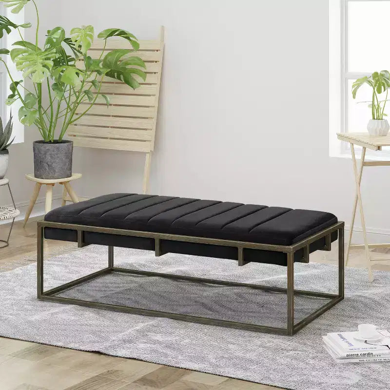 Panca Pouf in Velluto Imbottita con Finiture in Ottone, Nera