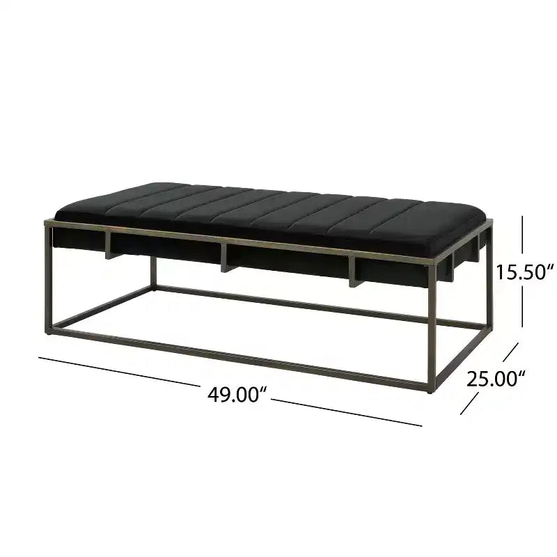 Panca Pouf in Velluto Imbottita con Finiture in Ottone, Nera