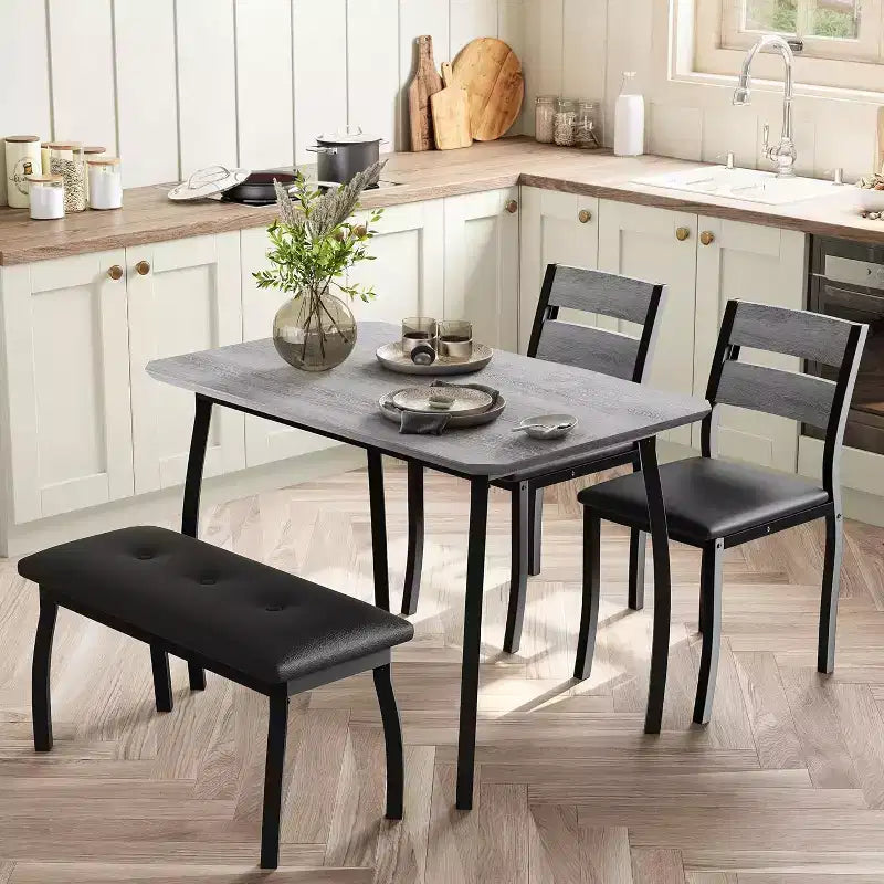 5-Piece Wood Dining Table Set, Upholstered Bench and 2 Chairs, Space-Saving Dinette Set for Studio, Kitchen, Dining Room