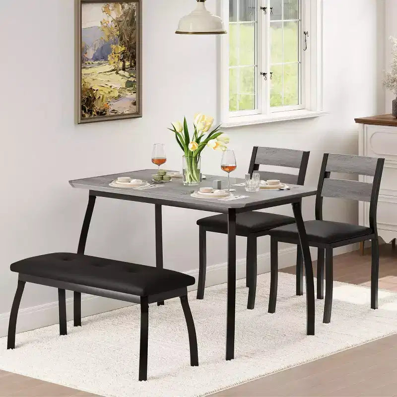 5-Piece Wood Dining Table Set, Upholstered Bench and 2 Chairs, Space-Saving Dinette Set for Studio, Kitchen, Dining Room