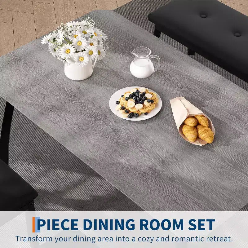 5-Piece Wood Dining Table Set, Upholstered Bench and 2 Chairs, Space-Saving Dinette Set for Studio, Kitchen, Dining Room