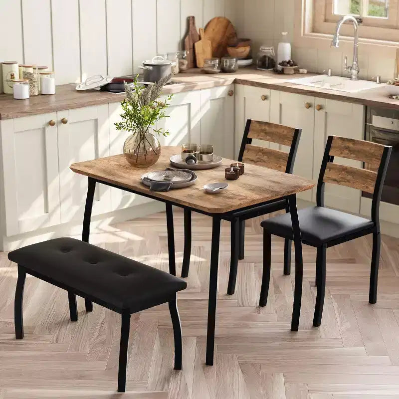 5-Piece Wood Dining Table Set, Upholstered Bench and 2 Chairs, Space-Saving Dinette Set for Studio, Kitchen, Dining Room