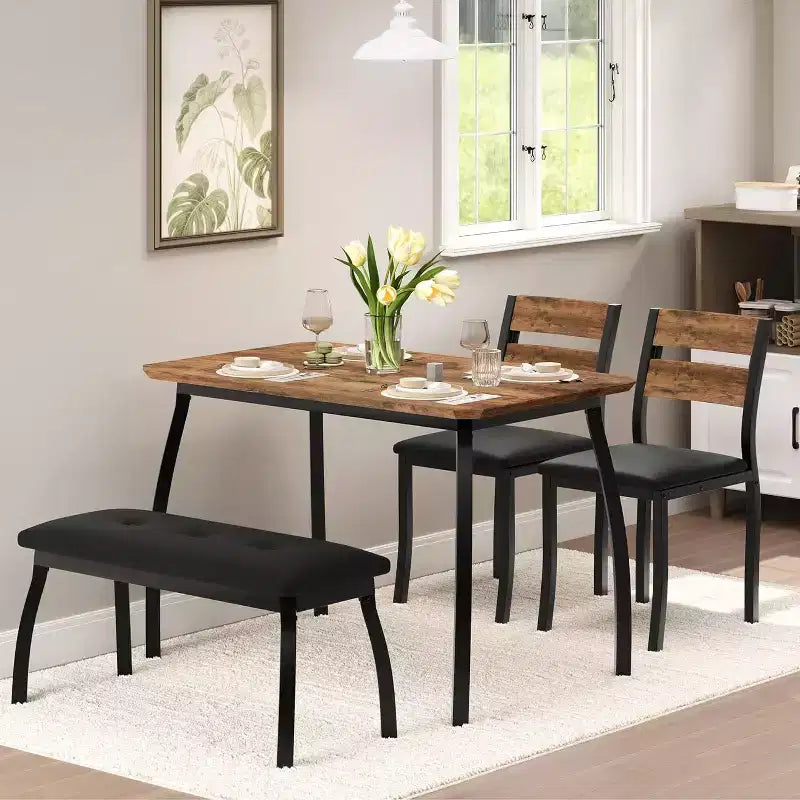 5-Piece Wood Dining Table Set, Upholstered Bench and 2 Chairs, Space-Saving Dinette Set for Studio, Kitchen, Dining Room