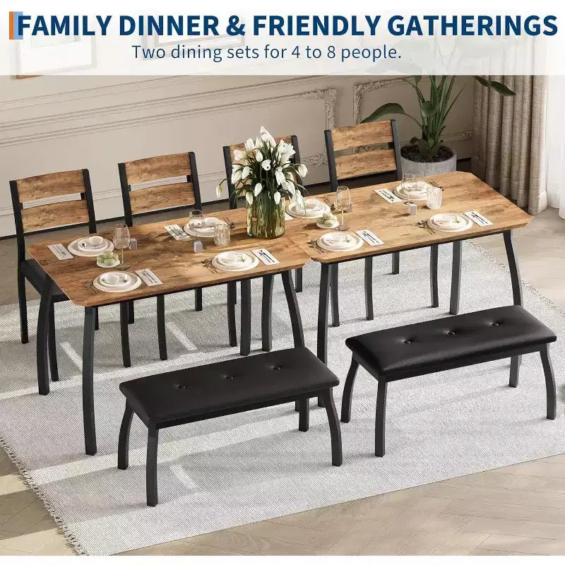 5-Piece Wood Dining Table Set, Upholstered Bench and 2 Chairs, Space-Saving Dinette Set for Studio, Kitchen, Dining Room