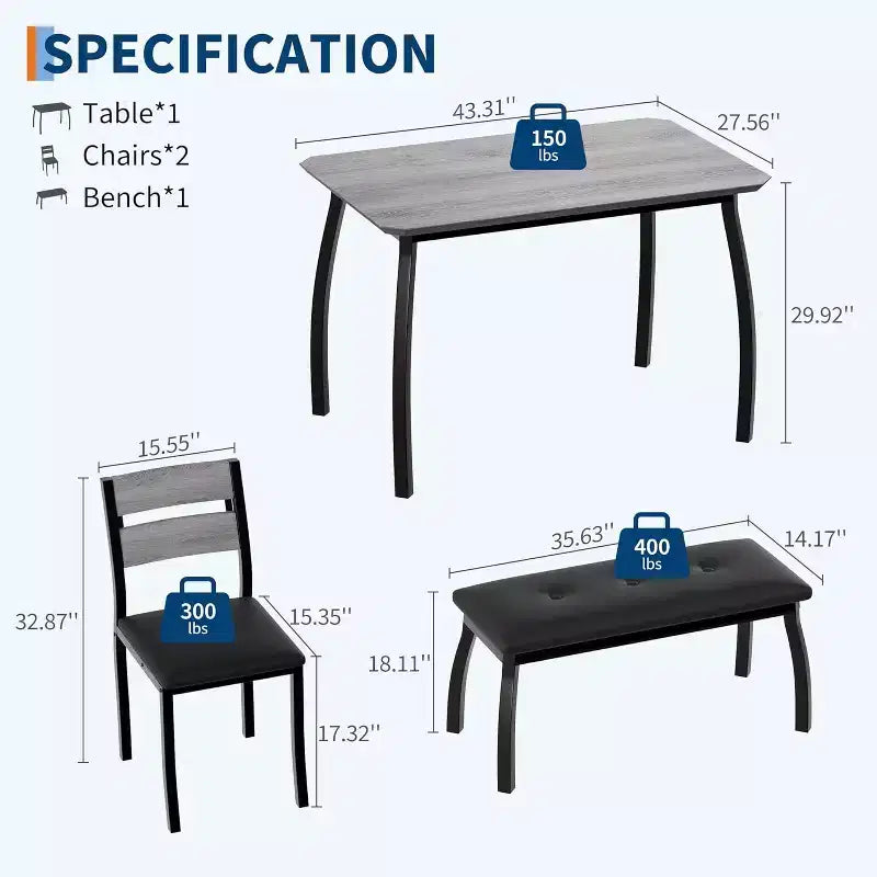 5-Piece Wood Dining Table Set, Upholstered Bench and 2 Chairs, Space-Saving Dinette Set for Studio, Kitchen, Dining Room