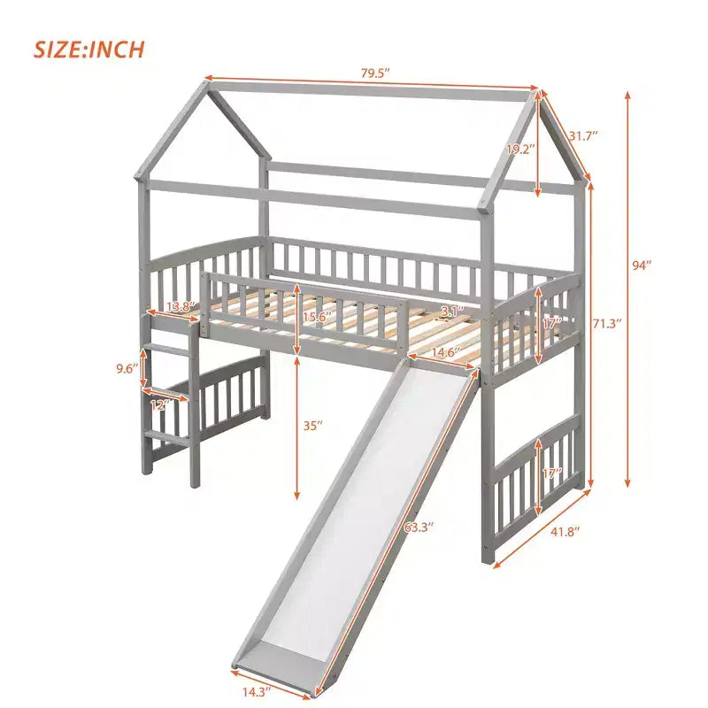 Lit mezzanine Bellemave jumeau avec toboggan et échelle, lit mezzanine maison pour enfants, lit mezzanine en bois, pour garçons et filles, maison grise