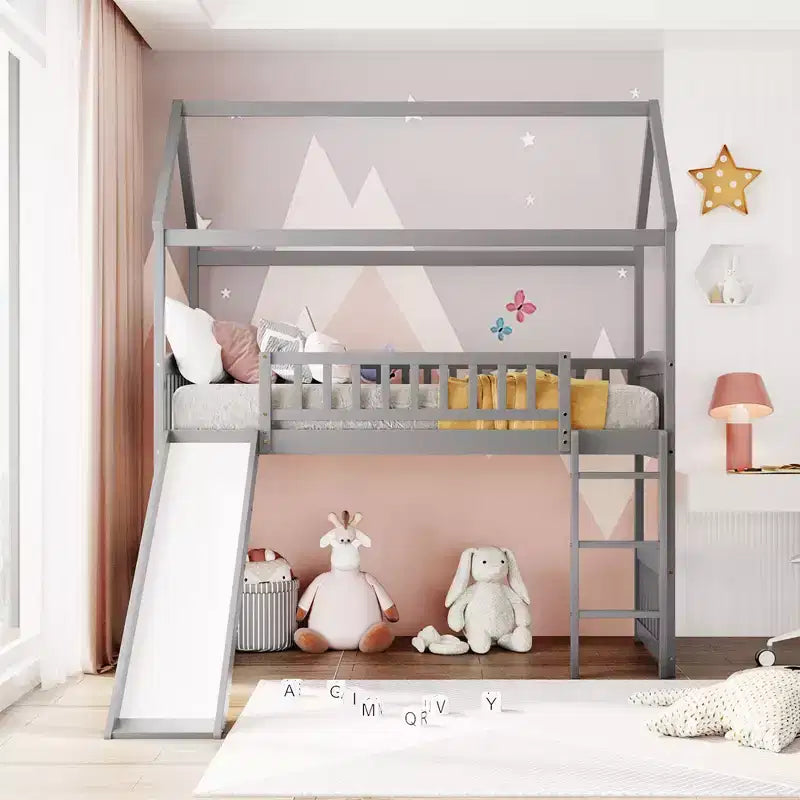 Bellemave Twin Loft Bed with Slide and Ladder,House Loft Bed for Kids, Wood Loft Bed, for Boys Girls, Gray House