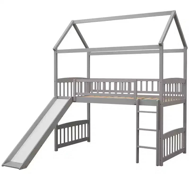 Bellemave Twin Loft Bed with Slide and Ladder,House Loft Bed for Kids, Wood Loft Bed, for Boys Girls, Gray House