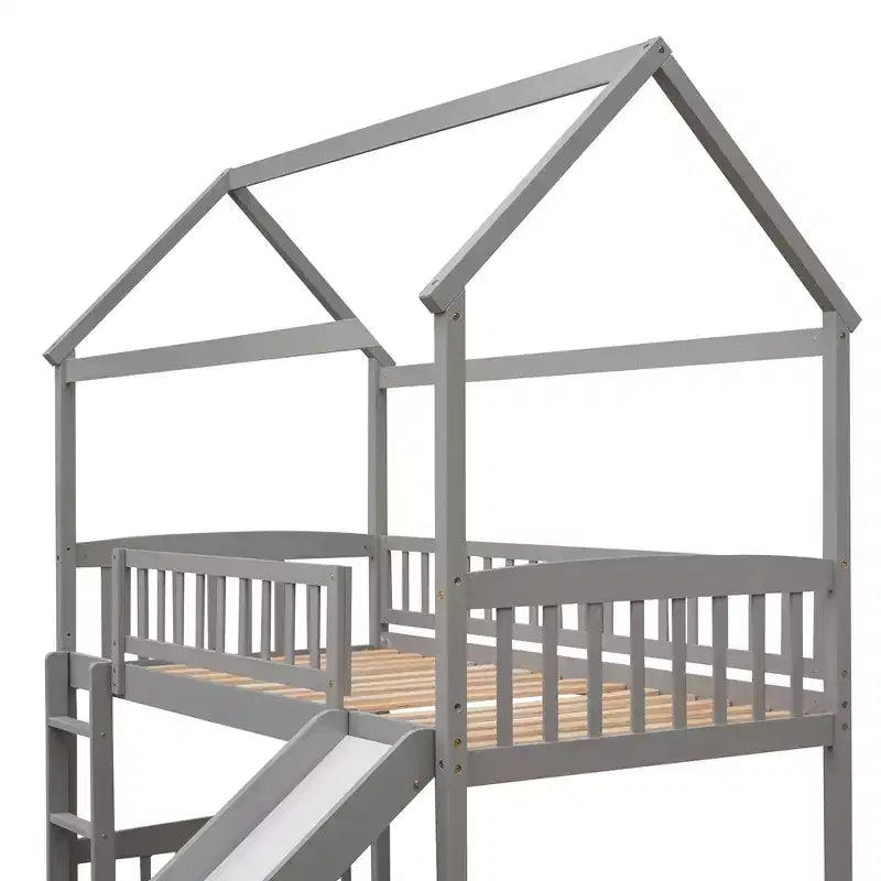 Bellemave Twin Loft Bed with Slide and Ladder,House Loft Bed for Kids, Wood Loft Bed, for Boys Girls, Gray House