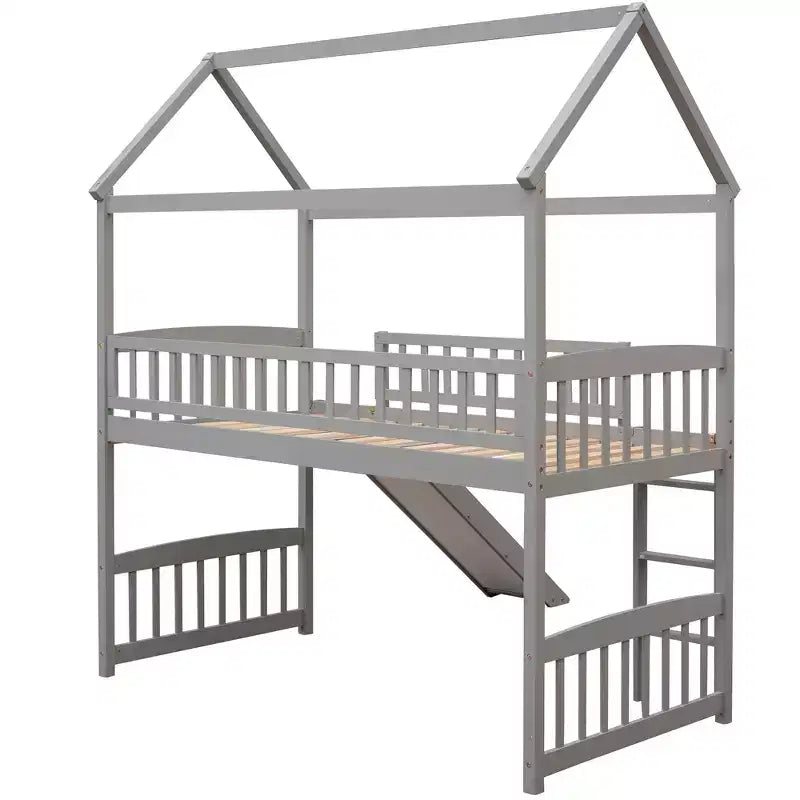 Lit mezzanine Bellemave jumeau avec toboggan et échelle, lit mezzanine maison pour enfants, lit mezzanine en bois, pour garçons et filles, maison grise