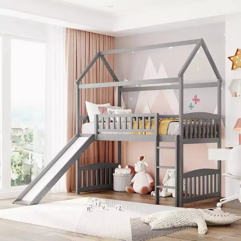 Lit mezzanine Bellemave jumeau avec toboggan et échelle, lit mezzanine maison pour enfants, lit mezzanine en bois, pour garçons et filles, maison grise