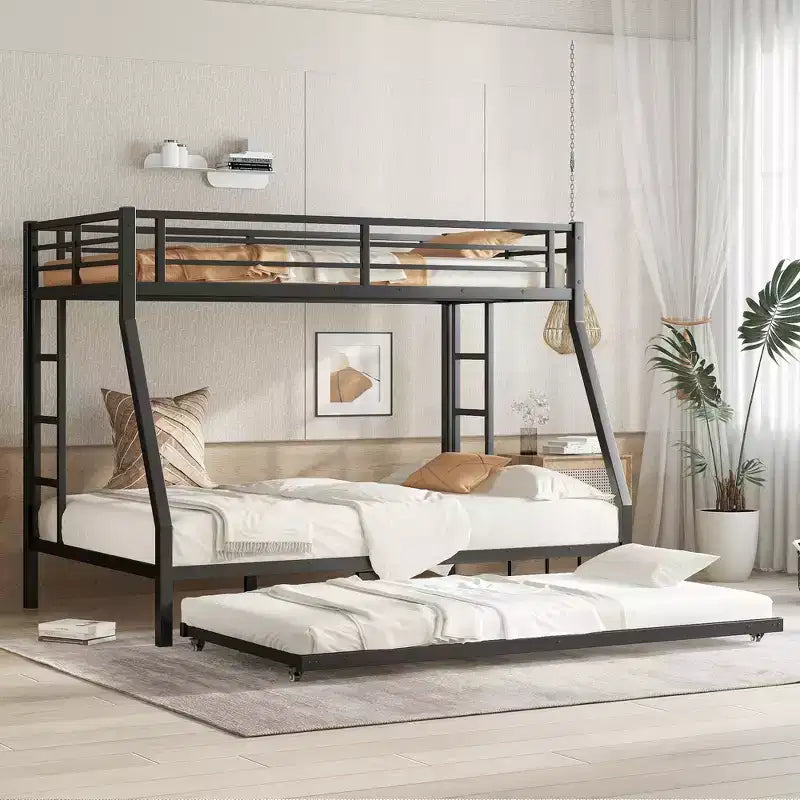 Bellemave Metal Bunk Bed with Trundle, Twin Over Full Bunk with Guardrail Trundle and Ladder for Kids/Teenagers, Adults, No Box Spring Needed Black