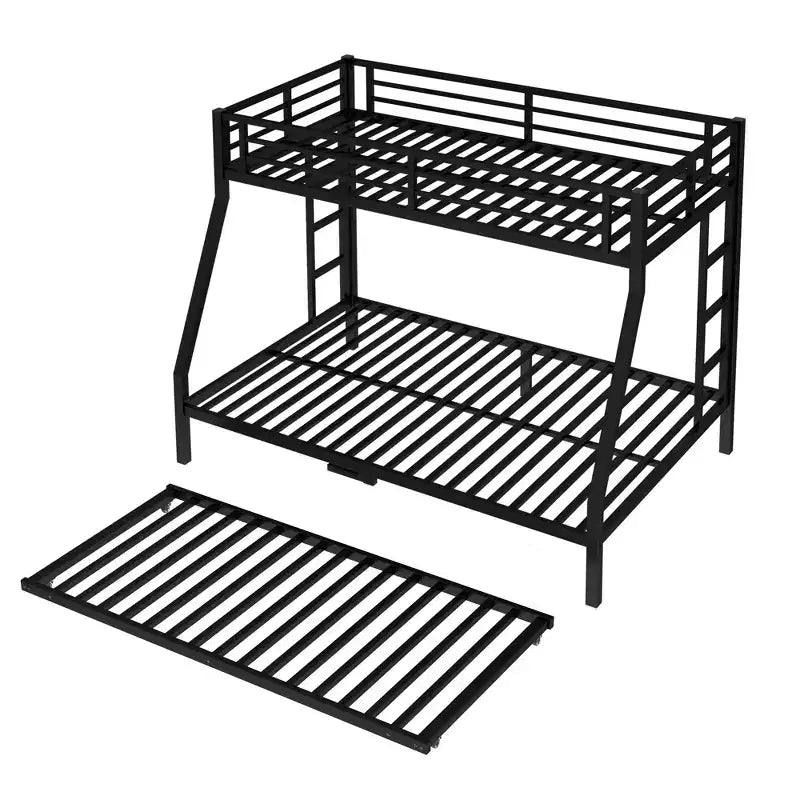 Bellemave Metal Bunk Bed with Trundle, Twin Over Full Bunk with Guardrail Trundle and Ladder for Kids/Teenagers, Adults, No Box Spring Needed Black