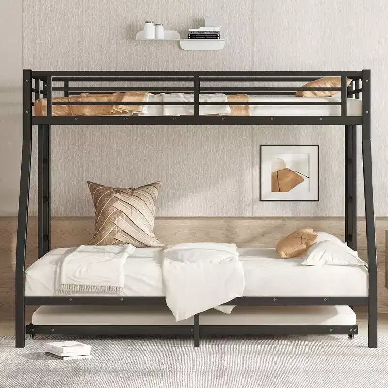 Bellemave Lit Superposé en Métal avec Lit Gigogne, Lits Superposés Jumeaux sur Entiers avec Balustrade, Lit Gigogne et Échelle pour Enfants/Adolescents, Adultes, Pas de Sommier Tapissier Requis, Noir