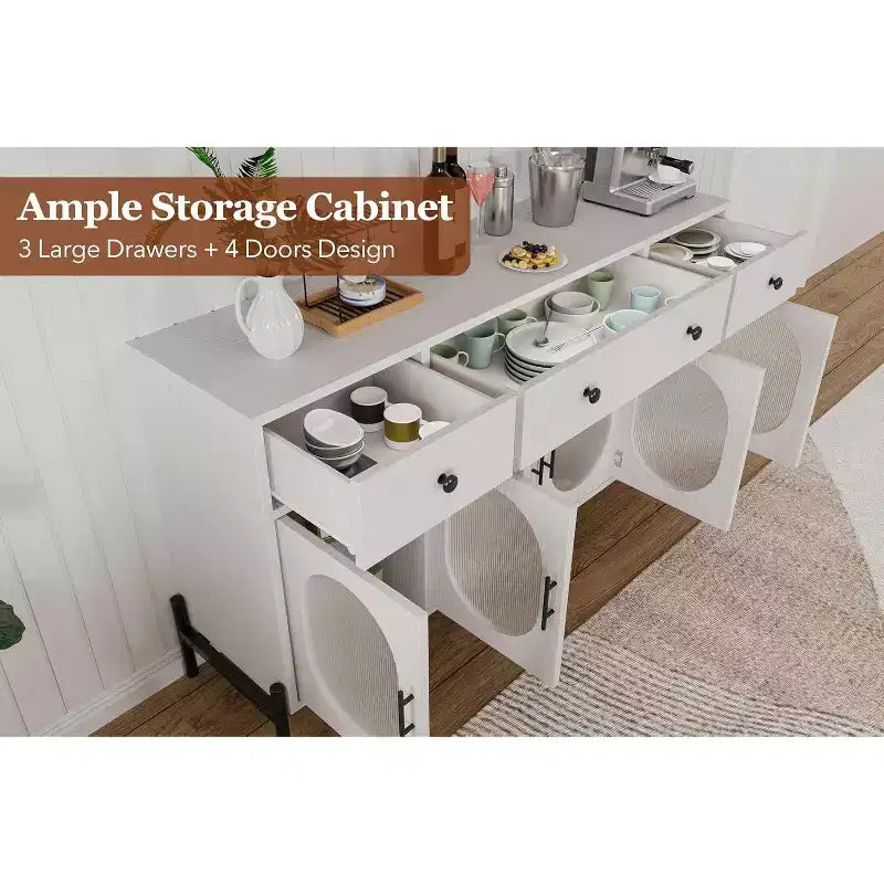 Credenza grande da 157 cm con 3 cassetti e 4 ante in vetro, mobiletto bar per il caffè