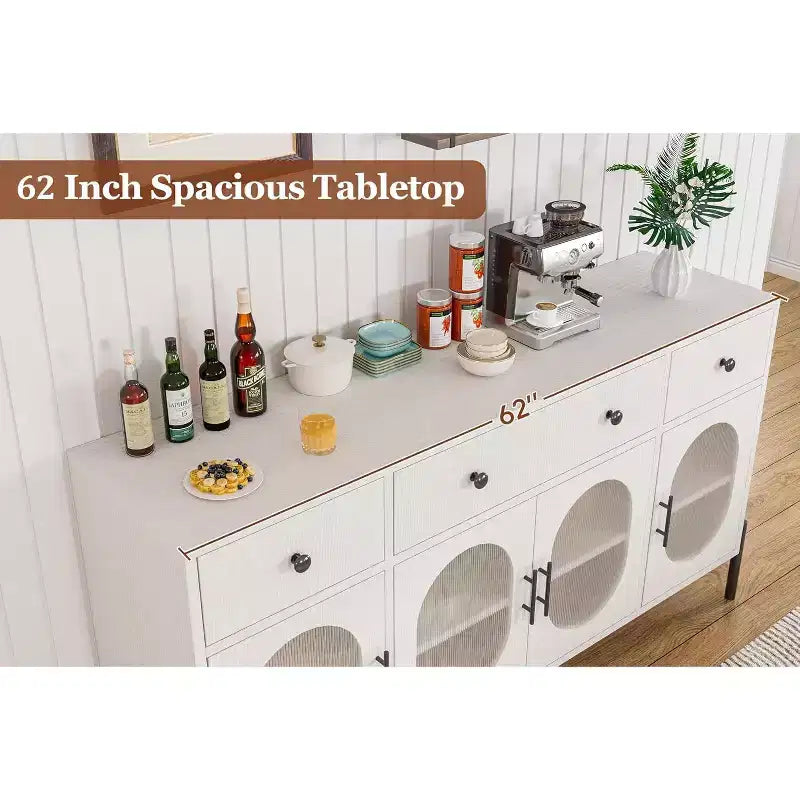Credenza grande da 157 cm con 3 cassetti e 4 ante in vetro, mobiletto bar per il caffè