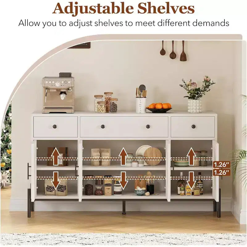 Credenza grande da 157 cm con 3 cassetti e 4 ante in vetro, mobiletto bar per il caffè