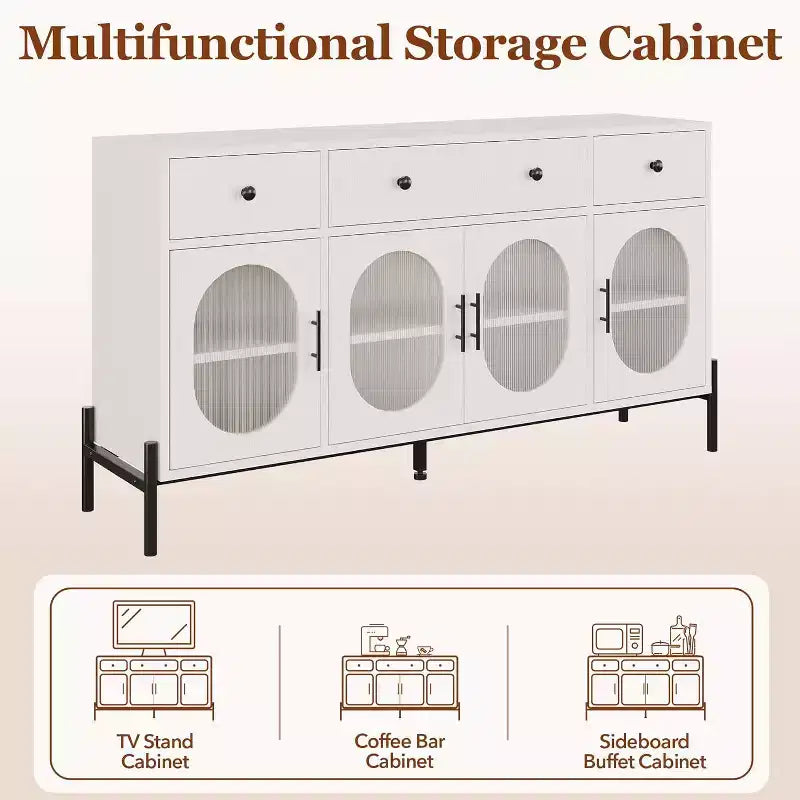 Credenza grande da 157 cm con 3 cassetti e 4 ante in vetro, mobiletto bar per il caffè