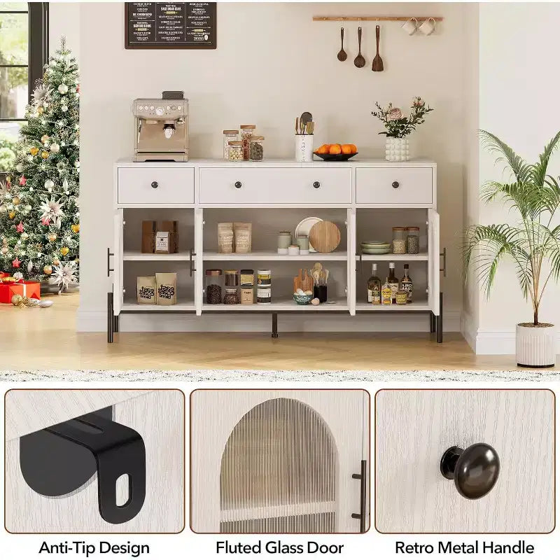 Credenza grande da 157 cm con 3 cassetti e 4 ante in vetro, mobiletto bar per il caffè