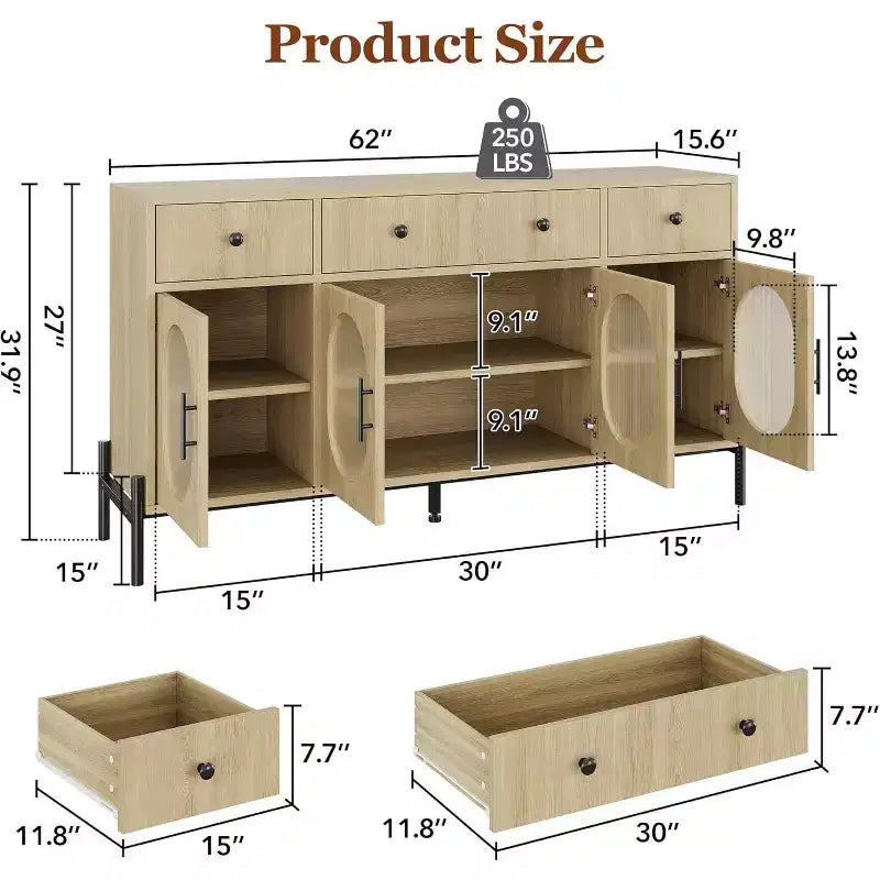 Credenza grande da 157 cm con 3 cassetti e 4 ante in vetro, mobiletto bar per il caffè